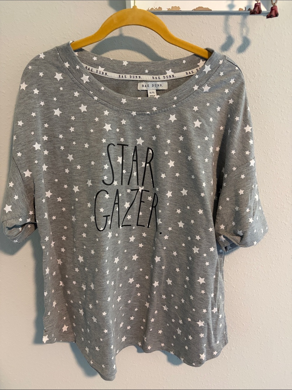 Rae Dunn Grey Short Sleeve Tee with White Star Print